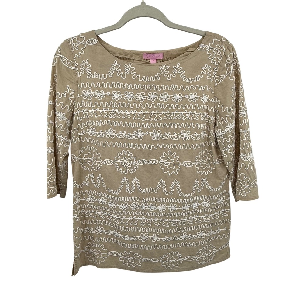 Lilly Pulitzer Yazmine Tunic Top Womens Size 6 Tan Embroidered Cotton Boat Neck